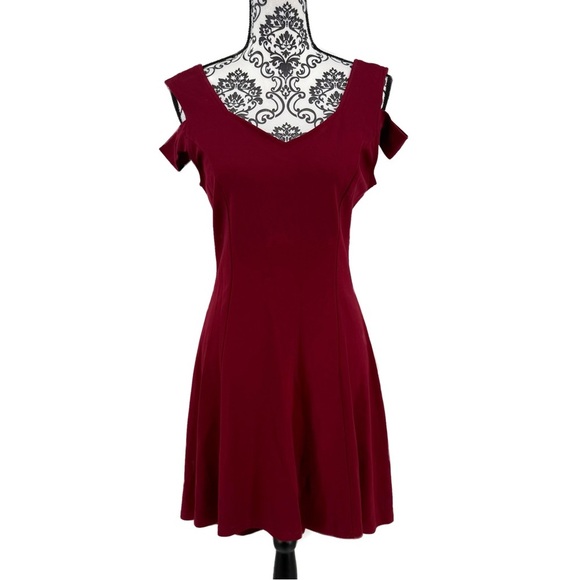 Insnova Burgundy Cold Shoulder A-Line Dress Romantic Fit & Flare Cocktail Party - Picture 8 of 13